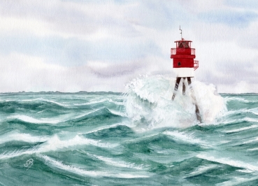 Postkarte DIN-A6  Aquarell Maritim Kunst Druck Kunstdruck Nordsee Insel Borkum18 Fischerbalje Bake Leuchtfeuer